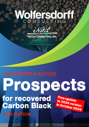 Prospects for recovered Carbon Black 2023 is the ultimate industry reference report on recovered Carbon Black and the global tire pyrolysis industry. It is a collaboration by Notch Consulting Inc. & Wolfersdorff Consulting Berlin.